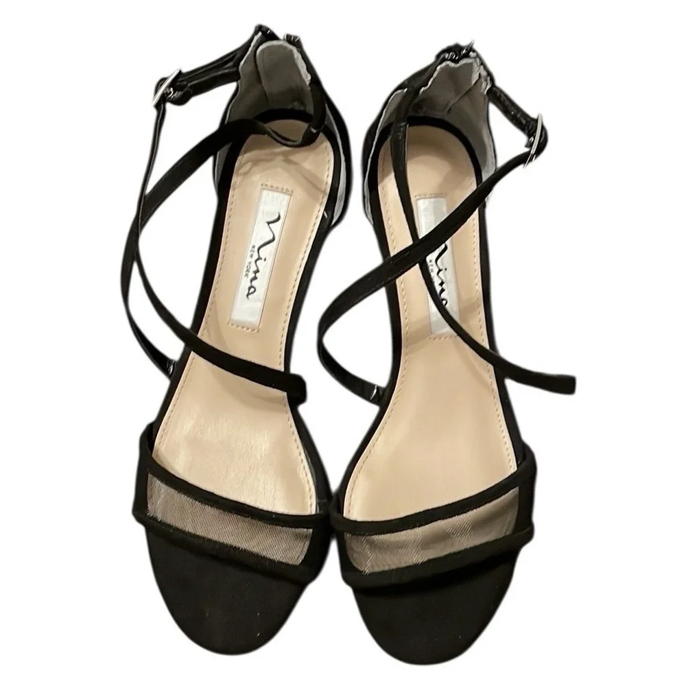 Nina Women's Black Satin Ginette Mesh Block Heel Ankle Strap Handles Size‎ 6M